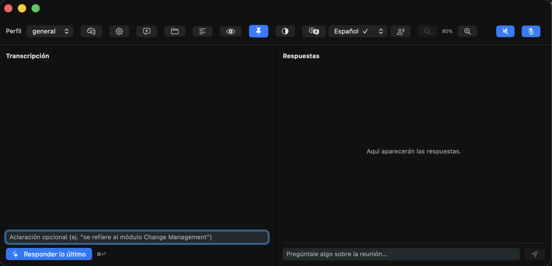 NextHelp window: the meeting transcript on the left, the answers on the right and, at the top, a bar with the profile, language and zoom.